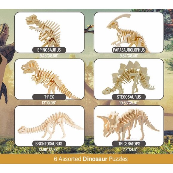 Hands Craft DIY 3D Wooden Puzzle 6 Assorted Dinosaur Puzzles Set Stem NEW Sealed - Picture 4 of 10